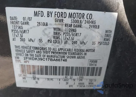 2007 Ford Edge Sel Plus z USA, uszkodzony, nr VIN 2FMDK39C17BA66748